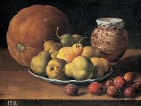 Pears on a Plate, a Melon, Plums and a Decorated Mansies Jar on a Wooden Ledge-Luis Egidio Menendez-Stretched Canvas