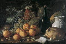 Still Life with a Bottle, Ceramics, Bread, Apples and Grapes-Luís Meléndez O Menéndez-Stretched Canvas