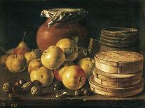 Still Life with a Bottle, Ceramics, Bread, Apples and Grapes-Luís Meléndez O Menéndez-Framed Stretched Canvas