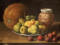 Pears on a Plate, a Melon, Plums, and a Decorated Manises Jar with Plums on a Wooden Ledge-Luis Melendez-Framed Stretched Canvas