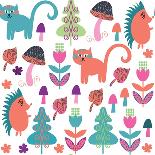 Cute Animals Seamless Pattern with Cats and Hedgehogs and Seamless Pattern in Swatch Menu, Vector-Luiza Kozich-Stretched Canvas