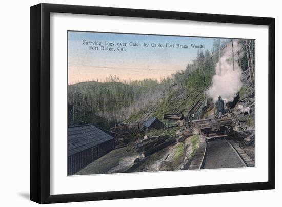 Lumberjacks Carrying Logs over Gulch by Cable - Fort Bragg, CA-Lantern Press-Framed Art Print