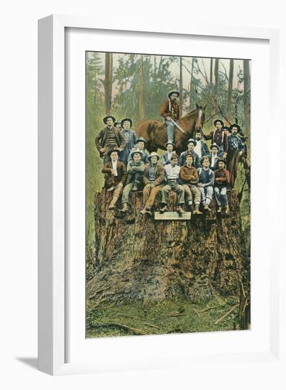 Lumberjacks Sitting on Redwood Stump-null-Framed Art Print