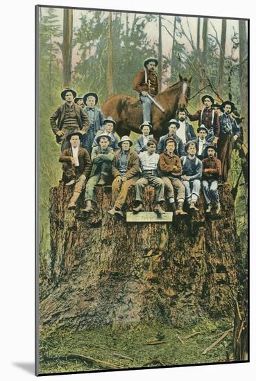 Lumberjacks Sitting on Redwood Stump-null-Mounted Art Print