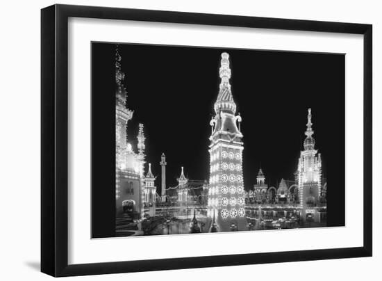 Luna Park at Night in Coney Island-null-Framed Art Print