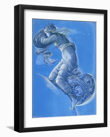 Luna (W/C, Bodycolour, Pencil and Silver Paint on Linen)-Edward Burne-Jones-Framed Giclee Print