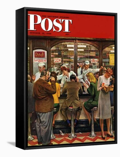 "Lunch Counter," Saturday Evening Post Cover, October 12, 1946-John Falter-Framed Stretched Canvas
