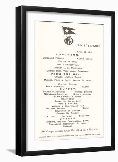 Luncheon Menu on the Titanic-null-Framed Art Print