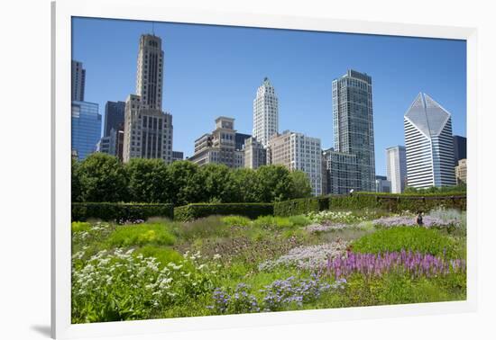 Lurie Garden in Millennium Park, Chicago, with Michigan Avenue Skyline-Alan Klehr-Framed Premium Photographic Print