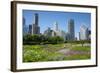 Lurie Garden in Millennium Park, Chicago, with Michigan Avenue Skyline-Alan Klehr-Framed Photographic Print