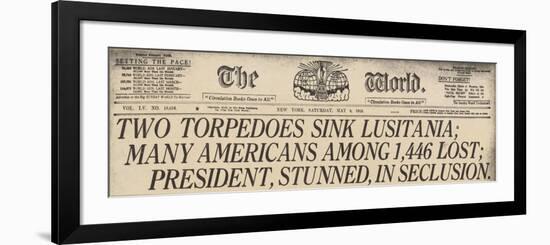 Lusitania Sinking Headline from the World, a NYC Newspaper, May 15, 1915-null-Framed Art Print