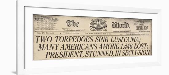 Lusitania Sinking Headline from the World, a NYC Newspaper, May 15, 1915-null-Framed Premium Giclee Print