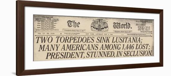 Lusitania Sinking Headline from the World, a NYC Newspaper, May 15, 1915-null-Framed Premium Giclee Print