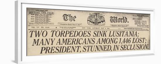 Lusitania Sinking Headline from the World, a NYC Newspaper, May 15, 1915-null-Framed Premium Giclee Print