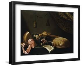 Lutes and Violin on a Table, a Curtain to the Right-Evaristo Baschenis-Framed Giclee Print