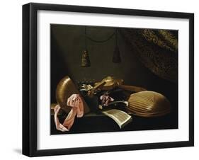 Lutes and Violin on a Table, a Curtain to the Right-Evaristo Baschenis-Framed Giclee Print