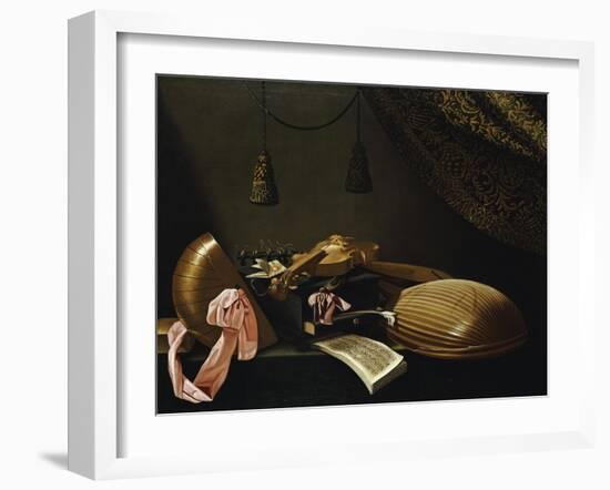 Lutes and Violin on a Table, a Curtain to the Right-Evaristo Baschenis-Framed Giclee Print