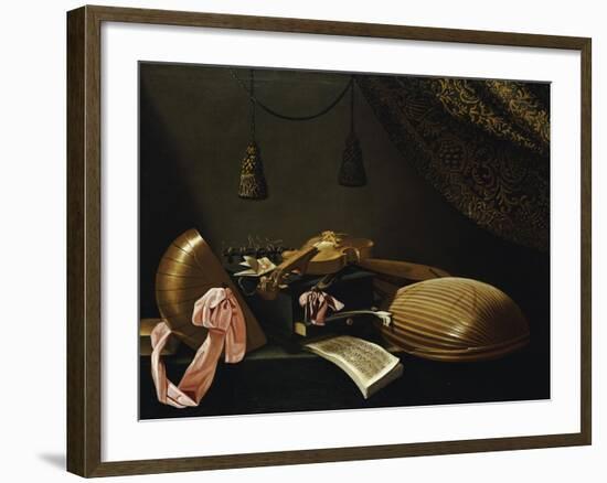 Lutes and Violin on a Table, a Curtain to the Right-Evaristo Baschenis-Framed Giclee Print