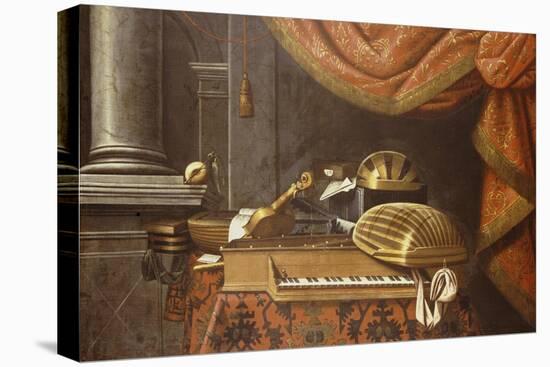 Lutes with a Clavichord on a Table, a Red Curtain Above-null-Stretched Canvas