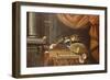 Lutes with a Clavichord on a Table, a Red Curtain Above-null-Framed Giclee Print