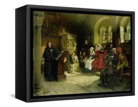 Luther Preaches Using His Bible Translation While Imprisoned at Wartburg, 1882-Hugo Vogel-Framed Stretched Canvas