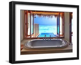 Luxury Beautiful Interior Design on Beach Resort, Window View from Bathroom on Clear Blue Sea, Summ-Anna Omelchenko-Framed Photographic Print