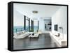 Luxury Living Room Interior with White Couch and Seascape View-PlusONE-Framed Stretched Canvas