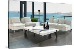 Luxury Living Room Interior with White Couch and Seascape View-PlusONE-Stretched Canvas