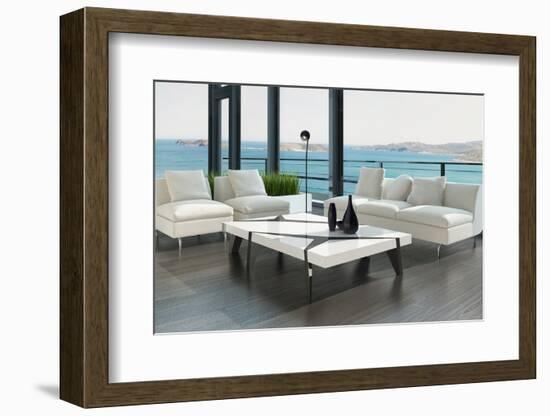 Luxury Living Room Interior with White Couch and Seascape View-PlusONE-Framed Photographic Print