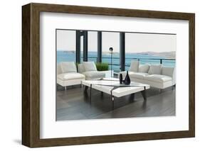 Luxury Living Room Interior with White Couch and Seascape View-PlusONE-Framed Photographic Print