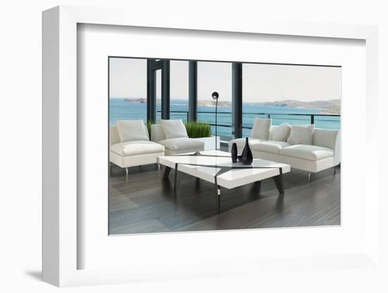 Luxury Living Room Interior with White Couch and Seascape View-PlusONE-Framed Photographic Print