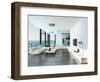 Luxury Living Room Interior with White Couch and Seascape View-PlusONE-Framed Photographic Print