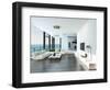 Luxury Living Room Interior with White Couch and Seascape View-PlusONE-Framed Photographic Print