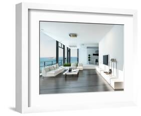 Luxury Living Room Interior with White Couch and Seascape View-PlusONE-Framed Photographic Print