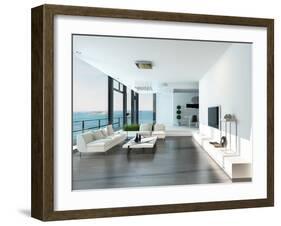 Luxury Living Room Interior with White Couch and Seascape View-PlusONE-Framed Photographic Print