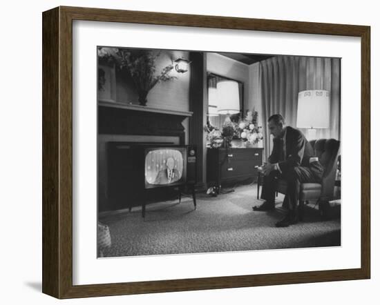 Lyndon B. Johnson Watching Television During the Democratic National Convention-null-Framed Photographic Print