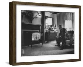 Lyndon B. Johnson Watching Television During the Democratic National Convention-null-Framed Photographic Print