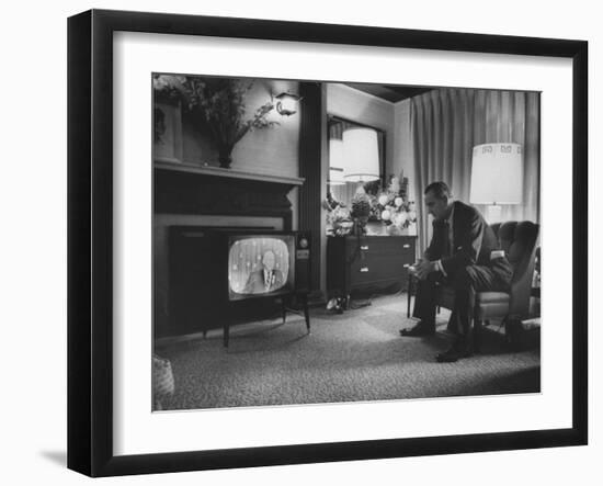 Lyndon B. Johnson Watching Television During the Democratic National Convention-null-Framed Photographic Print