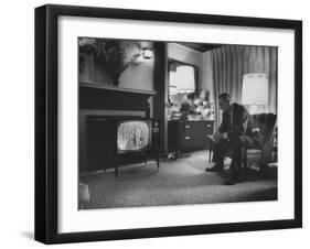 Lyndon B. Johnson Watching Television During the Democratic National Convention-null-Framed Photographic Print