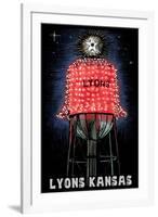 Lyons, Kansas - Watertower - Scratchboard-Lantern Press-Framed Art Print