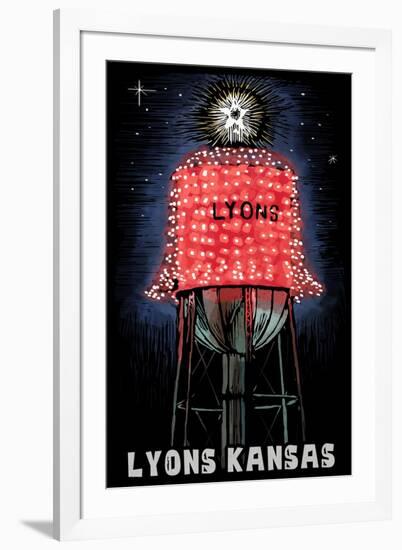 Lyons, Kansas - Watertower - Scratchboard-Lantern Press-Framed Art Print