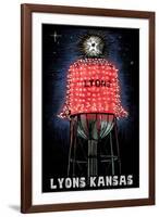 Lyons, Kansas - Watertower - Scratchboard-Lantern Press-Framed Art Print