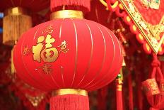 Happy Chinese New Year : Red Chinese Lanterns with Chinese Words Meaning: Fortune , Happiness and G-lzf-Stretched Canvas