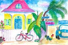 Yellow Conch House Tropical Street Scene With Bike and Rooster-M. Bleichner-Art Print