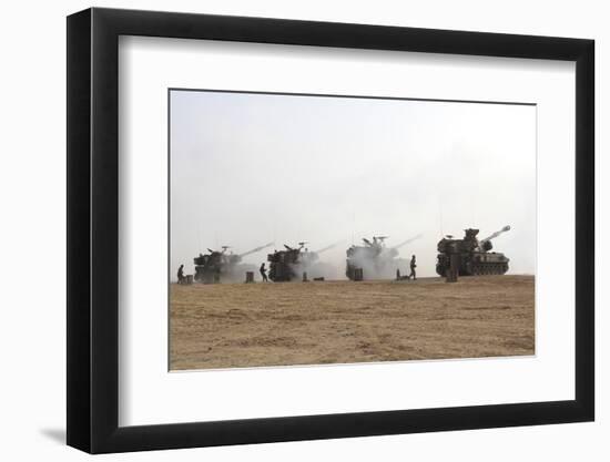 M109 Self-Propelled Howitzers Firing in the Negev Desert, Israel-Stocktrek Images-Framed Photographic Print