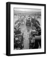 M4 Sherman Tanks with Exhaust Stacks Driving Off a Landing Craft Towards a Beach-null-Framed Photographic Print