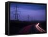 M40 Motorway Light Trails and Power Cables at Dusk, Oxfordshire, England, United Kingdom, Europe-Ian Egner-Framed Stretched Canvas