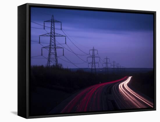 M40 Motorway Light Trails and Power Cables at Dusk, Oxfordshire, England, United Kingdom, Europe-Ian Egner-Framed Stretched Canvas