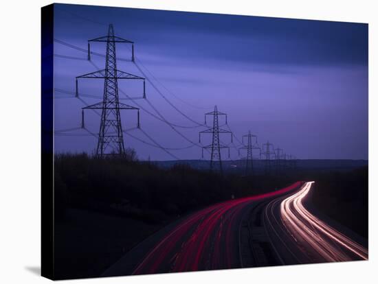 M40 Motorway Light Trails and Power Cables at Dusk, Oxfordshire, England, United Kingdom, Europe-Ian Egner-Stretched Canvas