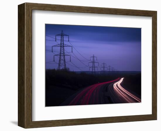 M40 Motorway Light Trails and Power Cables at Dusk, Oxfordshire, England, United Kingdom, Europe-Ian Egner-Framed Photographic Print